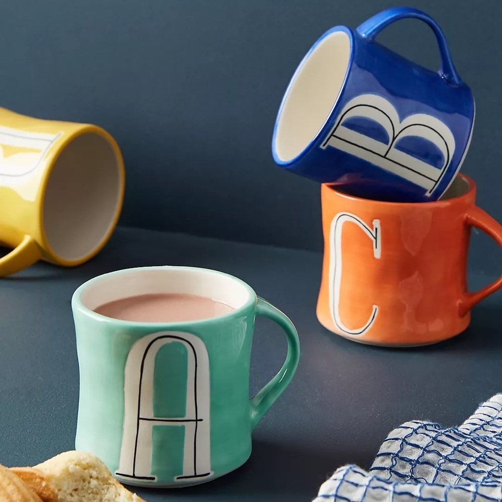 Anthropologie “C” COLORWAY MONOGRAM 14oz Mug Cup Orange White Alphabet Letter